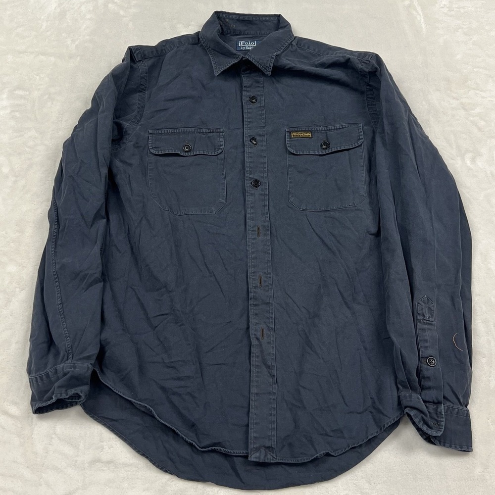 Polo Ralph Lauren Button Down Shirt Mens L Navy Blue Long Sleeve Utility Flap